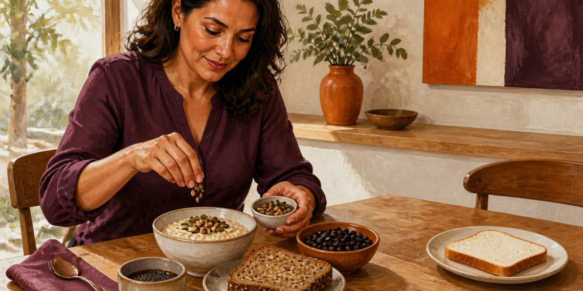 Mujer adulta añade semillas a un cuenco de avena junto a pan integral, legumbres, semillas de chía y una rebanada de pan blanco sobre la mesa.