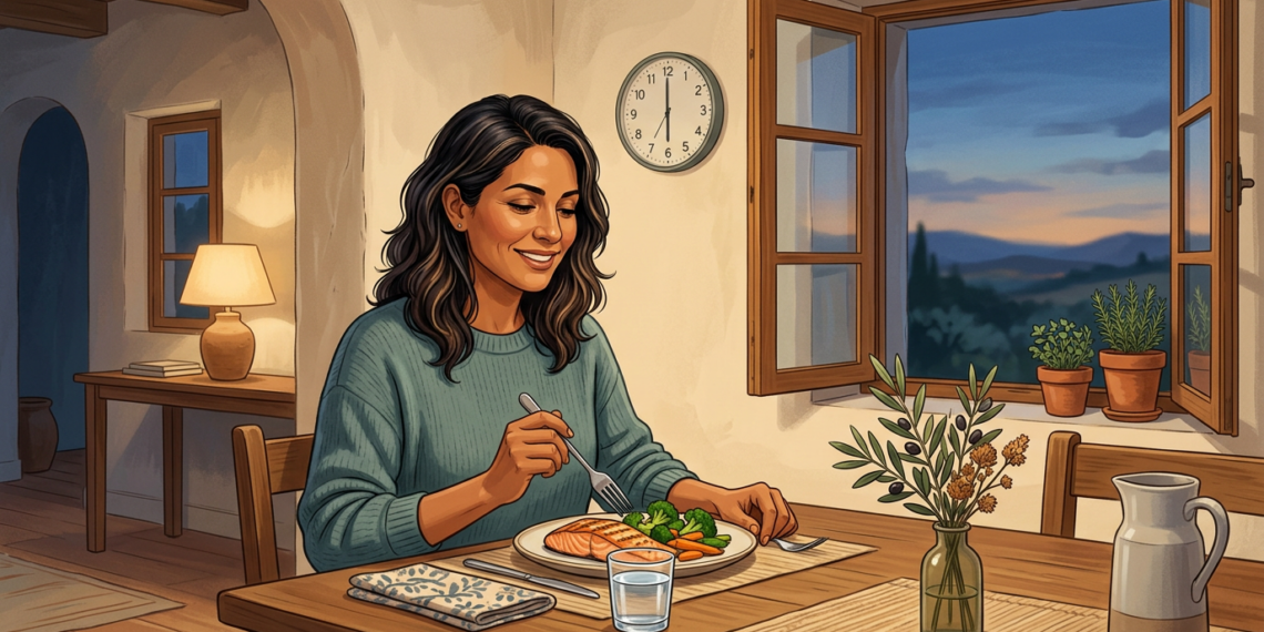 Ilustración de una mujer sonriente cenando un plato saludable de salmón y verduras al atardecer, junto a una ventana abierta.