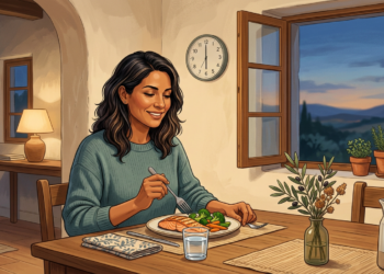 Ilustración de una mujer sonriente cenando un plato saludable de salmón y verduras al atardecer, junto a una ventana abierta.