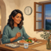 Ilustración de una mujer sonriente cenando un plato saludable de salmón y verduras al atardecer, junto a una ventana abierta.