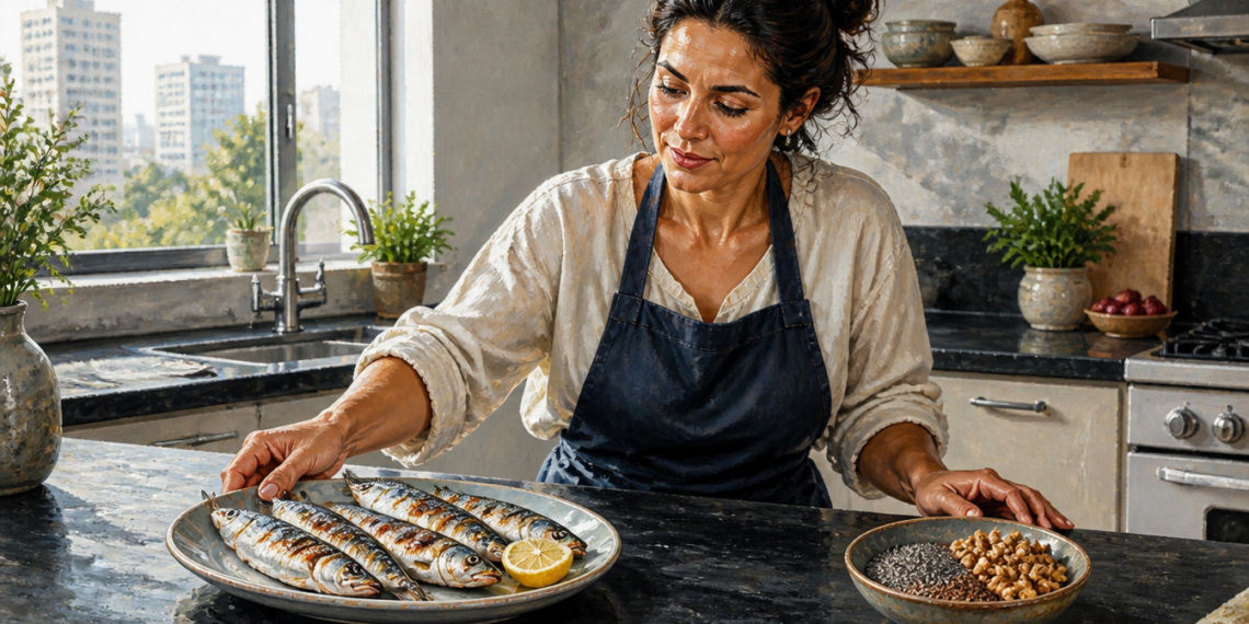 Mujer presenta un plato con pescados enteros asados y limón junto a un cuenco con semillas y nueces sobre la encimera de una cocina.