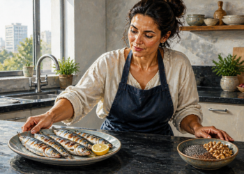 Mujer presenta un plato con pescados enteros asados y limón junto a un cuenco con semillas y nueces sobre la encimera de una cocina.