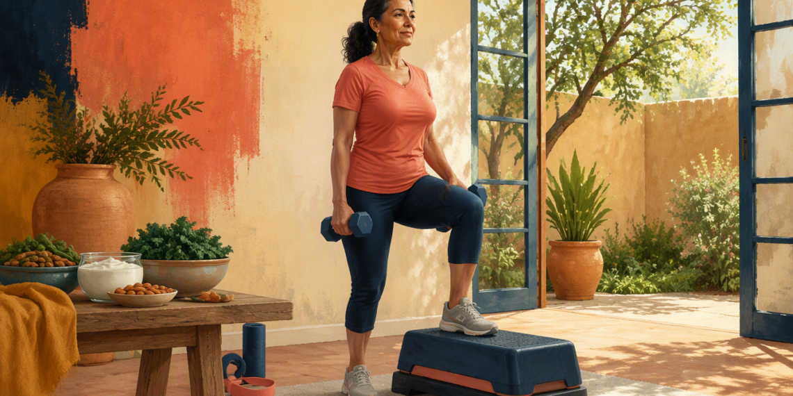 Mujer adulta realiza un ejercicio de fuerza con una mancuerna y un pie elevado sobre una plataforma, junto a alimentos como yogur, almendras y verduras.