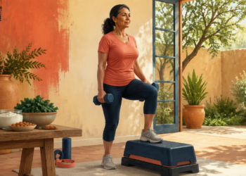 Mujer adulta realiza un ejercicio de fuerza con una mancuerna y un pie elevado sobre una plataforma, junto a alimentos como yogur, almendras y verduras.