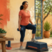 Mujer adulta realiza un ejercicio de fuerza con una mancuerna y un pie elevado sobre una plataforma, junto a alimentos como yogur, almendras y verduras.
