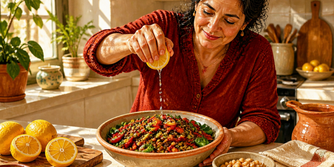 Mujer exprime medio limón sobre un plato de lentejas con verduras y hojas verdes en una cocina iluminada por el sol.