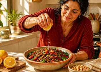 Mujer exprime medio limón sobre un plato de lentejas con verduras y hojas verdes en una cocina iluminada por el sol.