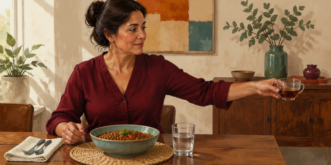 Mujer sentada a la mesa aparta una taza de bebida caliente mientras tiene delante un plato de legumbres y un vaso de agua.