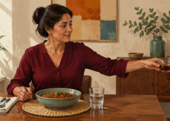 Mujer sentada a la mesa aparta una taza de bebida caliente mientras tiene delante un plato de legumbres y un vaso de agua.