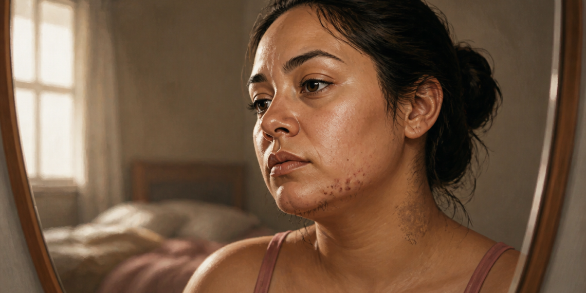 Mujer joven observándose en un espejo con acné en la barbilla y vello facial visible, signos frecuentemente asociados al síndrome de ovario poliquístico.