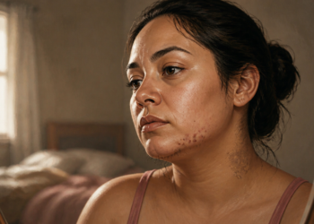 Mujer joven observándose en un espejo con acné en la barbilla y vello facial visible, signos frecuentemente asociados al síndrome de ovario poliquístico.
