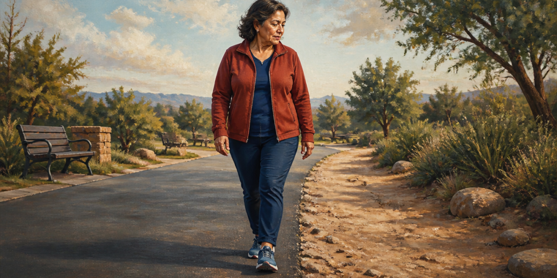 Mujer adulta camina por un sendero exterior donde se distinguen una superficie de asfalto y otra de tierra, en un entorno con árboles, banco y vegetación.