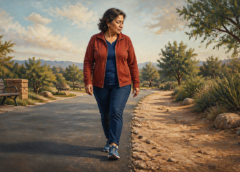 Mujer adulta camina por un sendero exterior donde se distinguen una superficie de asfalto y otra de tierra, en un entorno con árboles, banco y vegetación.