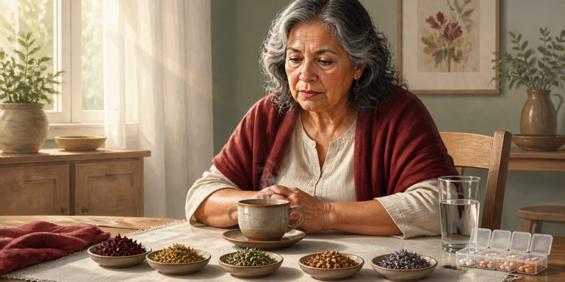 Mujer mayor sentada ante una taza de infusión, varios cuencos con hierbas secas, un vaso de agua y un pastillero sobre una mesa.