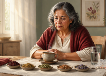 Mujer mayor sentada ante una taza de infusión, varios cuencos con hierbas secas, un vaso de agua y un pastillero sobre una mesa.