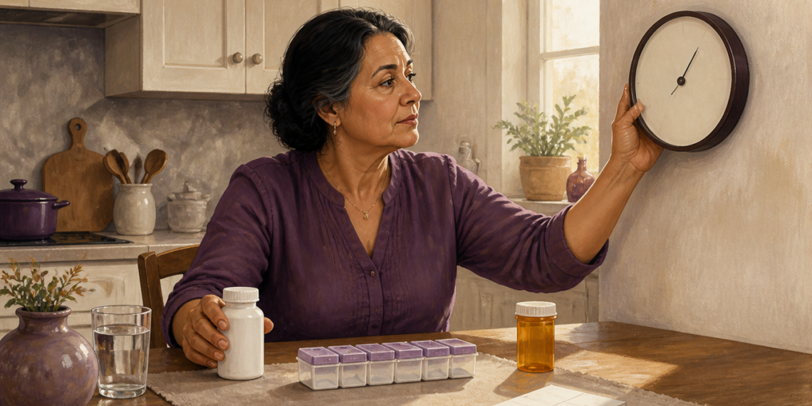 Mujer adulta sostiene un frasco de suplemento mientras ajusta un reloj de pared, con un vaso de agua, un pastillero y otro medicamento sobre la mesa.