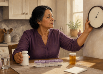 Mujer adulta sostiene un frasco de suplemento mientras ajusta un reloj de pared, con un vaso de agua, un pastillero y otro medicamento sobre la mesa.