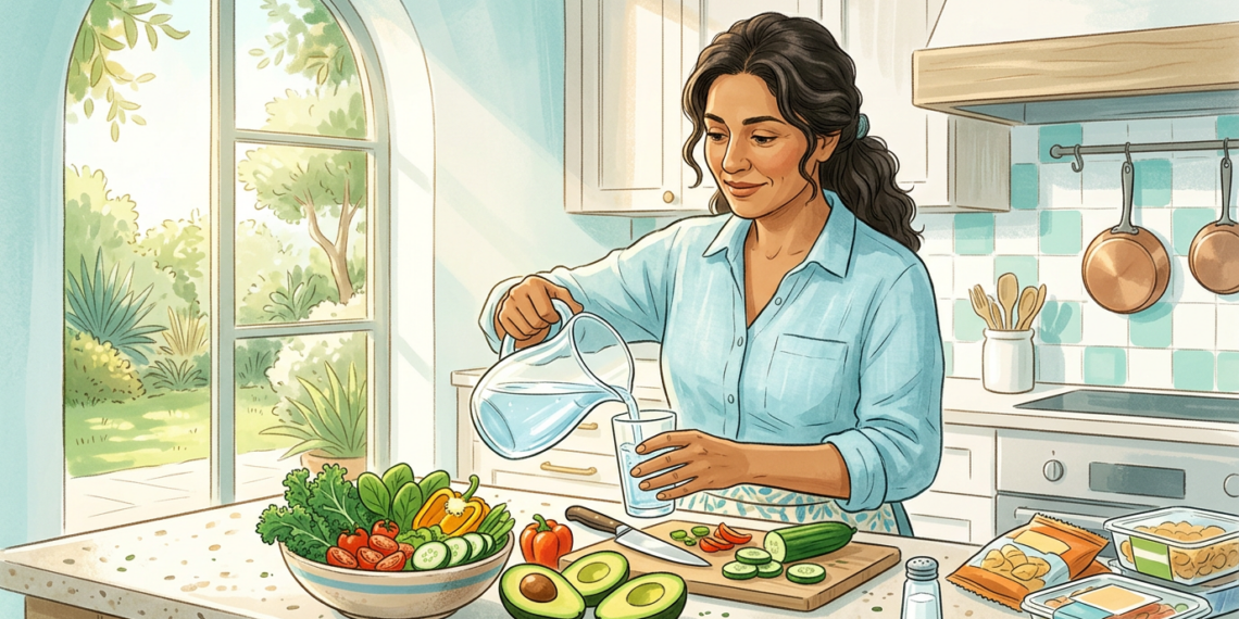 Mujer sirviendo agua de una jarra a un vaso en una cocina luminosa con vegetales frescos y un salero sobre la encimera.