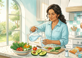 Mujer sirviendo agua de una jarra a un vaso en una cocina luminosa con vegetales frescos y un salero sobre la encimera.