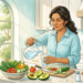 Mujer sirviendo agua de una jarra a un vaso en una cocina luminosa con vegetales frescos y un salero sobre la encimera.