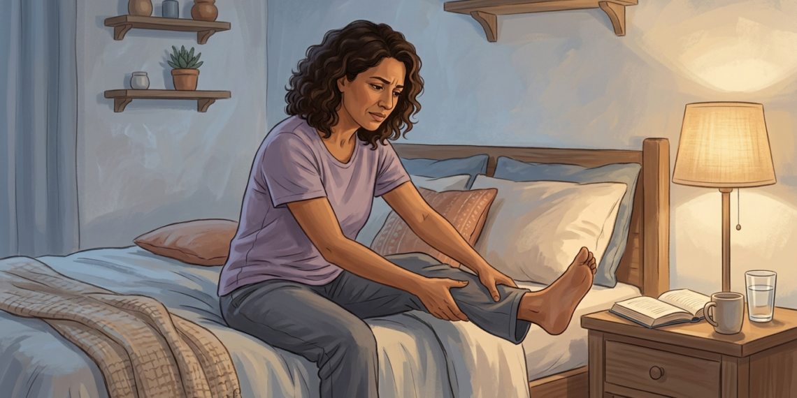 Ilustración de una mujer sentada en el borde de su cama durante la noche, masajeándose la pierna con expresión de molestia o incomodidad.
