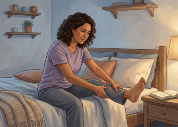 Ilustración de una mujer sentada en el borde de su cama durante la noche, masajeándose la pierna con expresión de molestia o incomodidad.