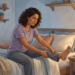 Ilustración de una mujer sentada en el borde de su cama durante la noche, masajeándose la pierna con expresión de molestia o incomodidad.