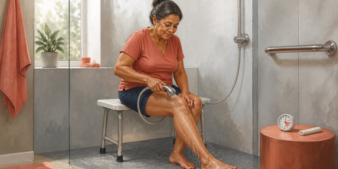 Mujer mayor sentada en un banco dentro de la ducha mientras dirige agua con una ducha de mano sobre una de sus piernas, en un baño adaptado y luminoso.