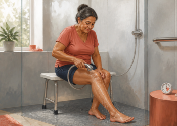 Mujer mayor sentada en un banco dentro de la ducha mientras dirige agua con una ducha de mano sobre una de sus piernas, en un baño adaptado y luminoso.