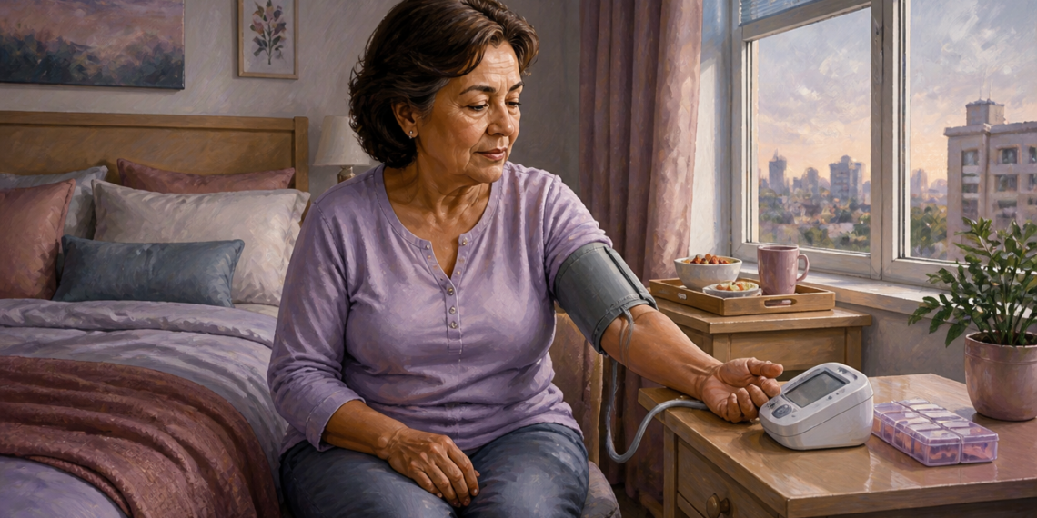 Mujer sentada junto a la cama mientras mide su presión arterial con un tensiómetro automático y un brazalete colocado en el brazo.