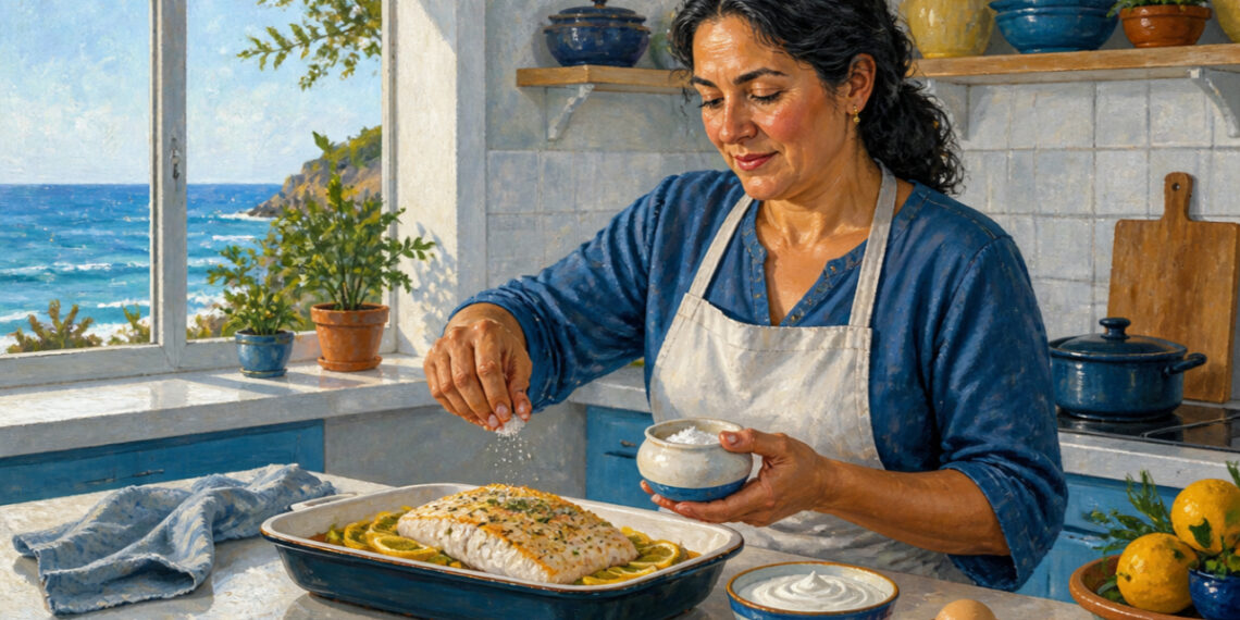 Mujer espolvorea un ingrediente granulado sobre un filete de pescado al horno con rodajas de limón, acompañado por un huevo y recipientes de cocina.