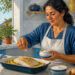 Mujer espolvorea un ingrediente granulado sobre un filete de pescado al horno con rodajas de limón, acompañado por un huevo y recipientes de cocina.