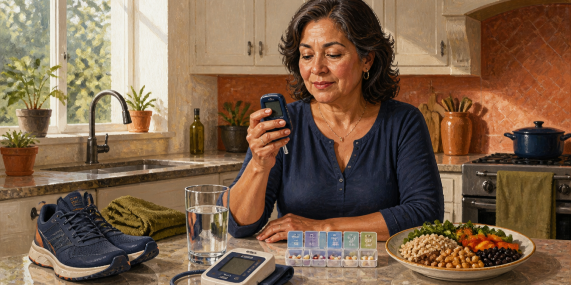 Mujer adulta consulta un glucómetro en una cocina, junto a un tensiómetro, un pastillero, agua, zapatillas deportivas y un plato con alimentos saludables.