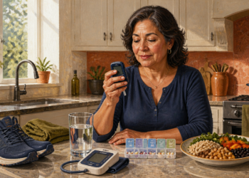 Mujer adulta consulta un glucómetro en una cocina, junto a un tensiómetro, un pastillero, agua, zapatillas deportivas y un plato con alimentos saludables.