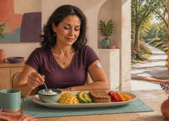 Mujer con un sensor de glucosa en el brazo desayuna yogur, huevos, aguacate, pan integral y fruta en una mesa luminosa.