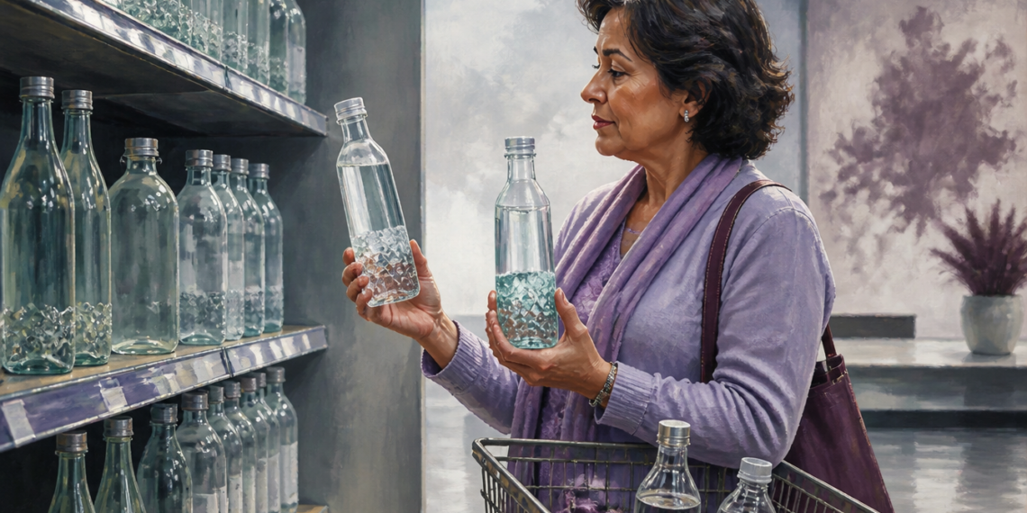 Mujer compara dos botellas de agua transparente frente a una estantería llena de envases de vidrio mientras realiza la compra.