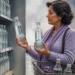Mujer compara dos botellas de agua transparente frente a una estantería llena de envases de vidrio mientras realiza la compra.