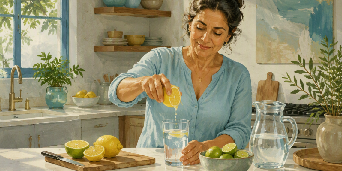 Mujer adulta exprime limón sobre un vaso de agua en la cocina, junto a una jarra de agua y varios cítricos cortados sobre la encimera.