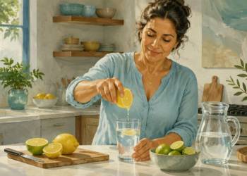Mujer adulta exprime limón sobre un vaso de agua en la cocina, junto a una jarra de agua y varios cítricos cortados sobre la encimera.