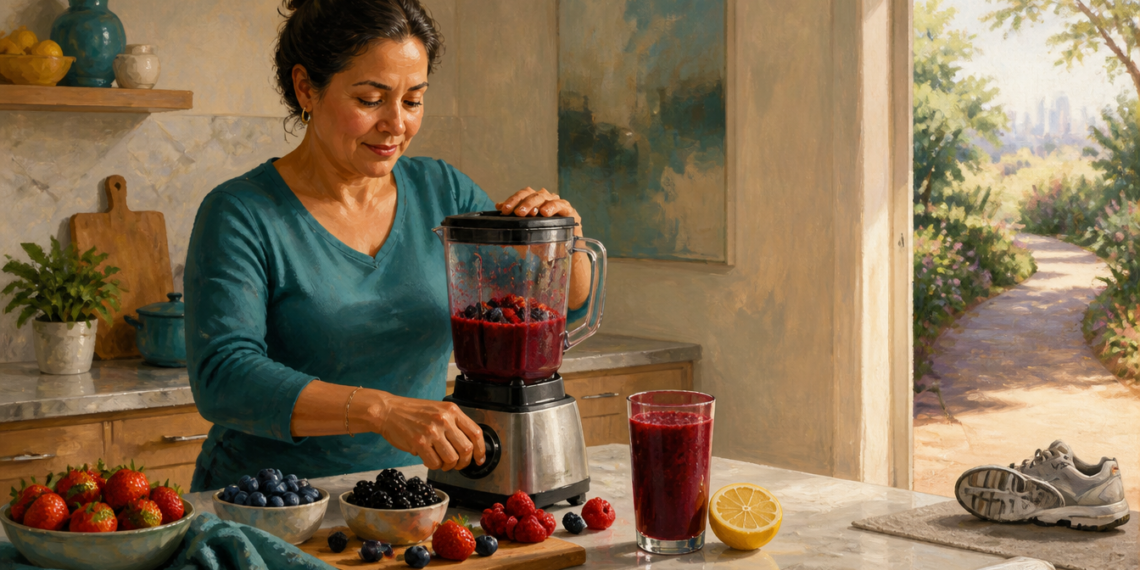 Mujer en una cocina prepara una bebida de frutos rojos en una batidora, con fresas, arándanos, moras, frambuesas, un vaso de la bebida y unas zapatillas junto a una puerta abierta.