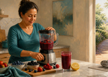 Mujer en una cocina prepara una bebida de frutos rojos en una batidora, con fresas, arándanos, moras, frambuesas, un vaso de la bebida y unas zapatillas junto a una puerta abierta.