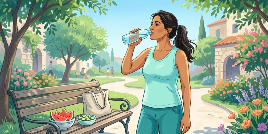 Ilustración de una mujer bebiendo agua de una botella en un parque soleado, junto a un banco con fruta fresca.