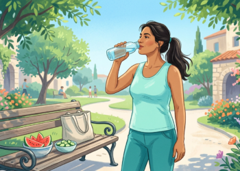 Ilustración de una mujer bebiendo agua de una botella en un parque soleado, junto a un banco con fruta fresca.