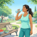 Ilustración de una mujer bebiendo agua de una botella en un parque soleado, junto a un banco con fruta fresca.