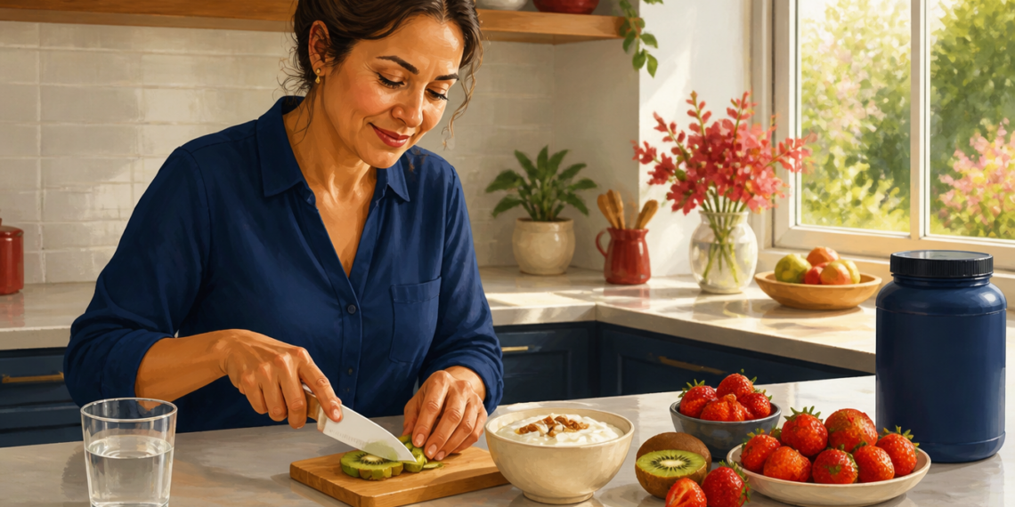 Mujer corta un kiwi en una cocina junto a un cuenco de yogur, varios recipientes con fresas, un vaso de agua y un envase azul.