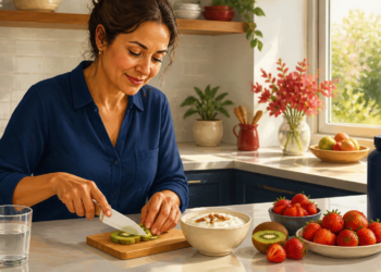 Mujer corta un kiwi en una cocina junto a un cuenco de yogur, varios recipientes con fresas, un vaso de agua y un envase azul.