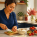 Mujer corta un kiwi en una cocina junto a un cuenco de yogur, varios recipientes con fresas, un vaso de agua y un envase azul.