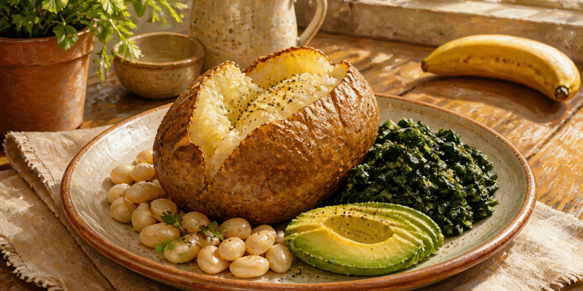 Plato con una patata asada abierta, judías blancas, espinacas cocidas y aguacate, acompañado por un plátano al fondo.