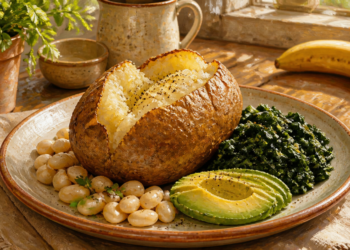 Plato con una patata asada abierta, judías blancas, espinacas cocidas y aguacate, acompañado por un plátano al fondo.