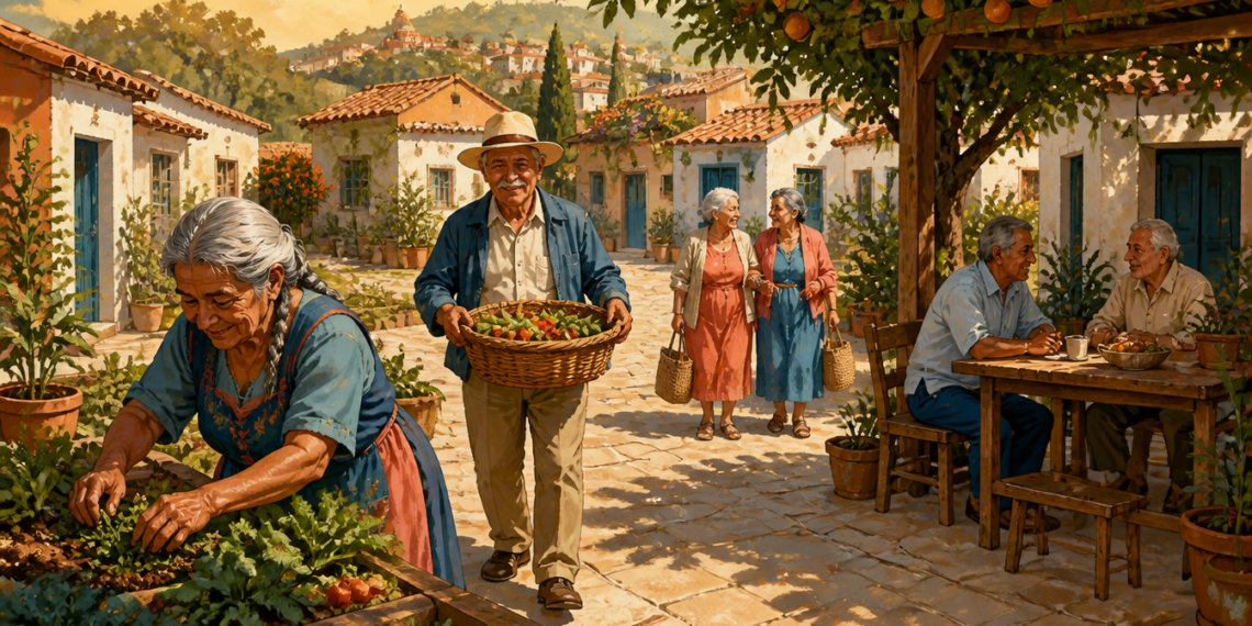Grupo de personas mayores en una comunidad rural, cultivando verduras, transportando alimentos frescos, caminando juntas y compartiendo una comida al aire libre.
